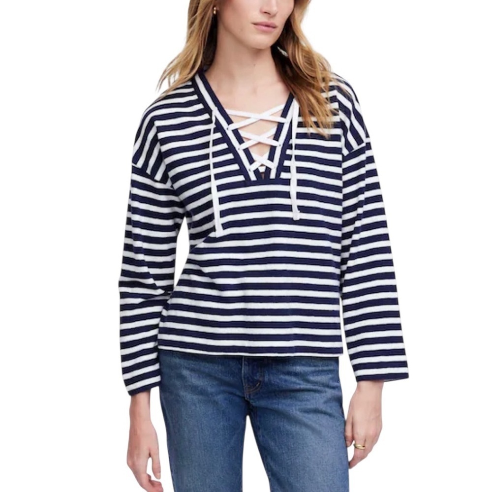 Madewell Women’s Nautical Lace-Up Long Sleeve Top NWT S Navy Stripe